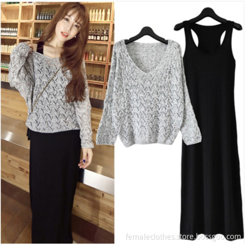 Primavera e Outono tamanho grande vestido de malha de mangas compridas coreana de Slim combina com o vestido de duas peças/dress